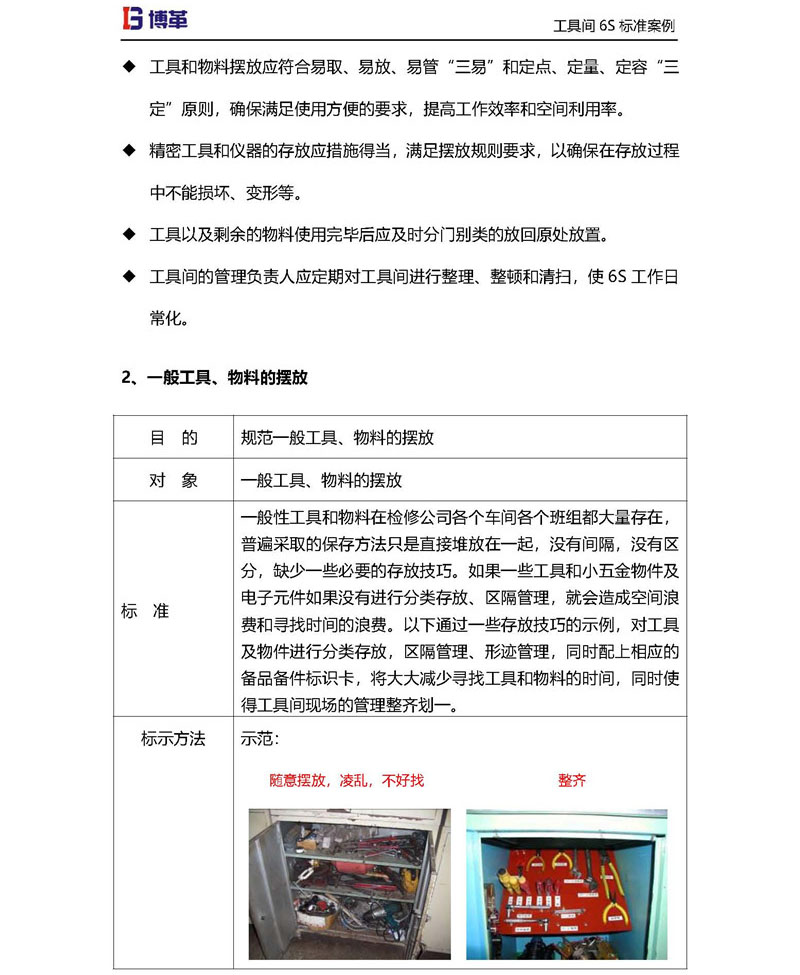 工具間一般工具，物料的擺放